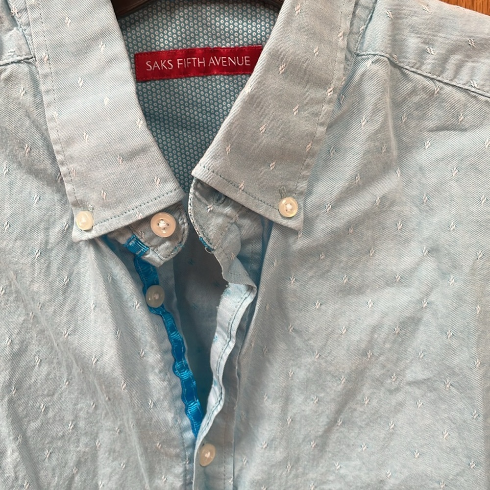 Saks Fifth Avenue Light Blue Short Sleeve Button Down Embroidered Shirt L